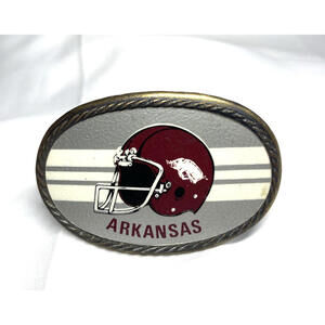 Arkansas Razorback Helmet Belt Buckle 1978 Vinyl / Pewter Western Mfg Co Vintage